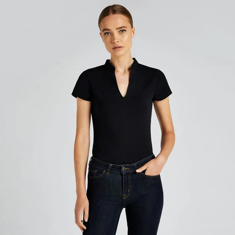 Kustom Kit Womens Corporate Short Sleeved Top V Neck Mandarin Collar Regular Fit
