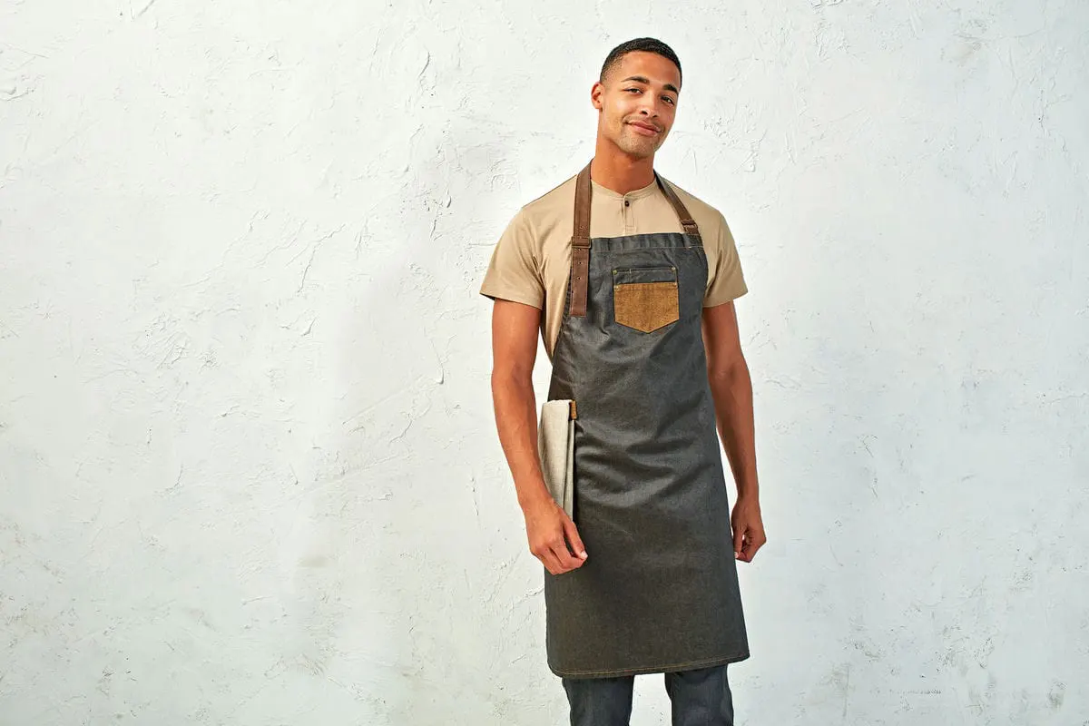 Premier Division Waxed Look Denim Bib Apron With Faux Leather