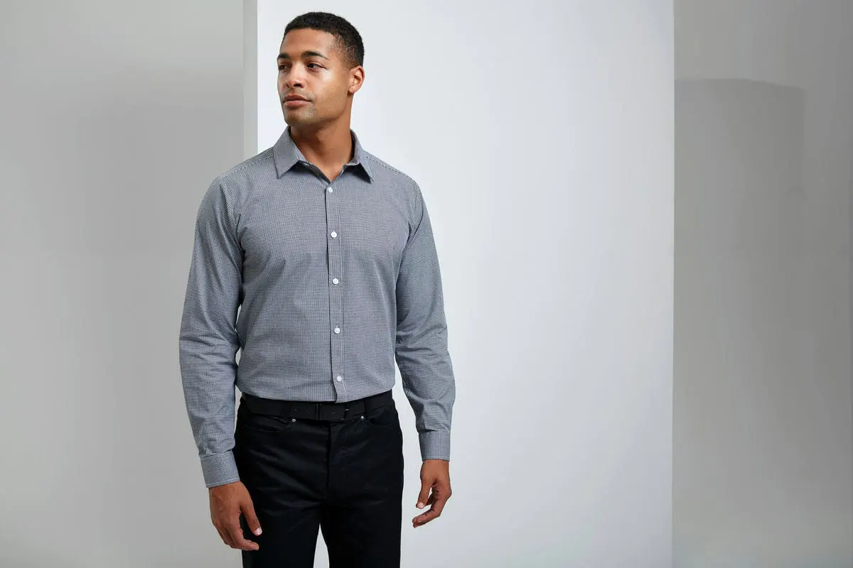 Premier Mens Microcheck Gingham Long Sleeve Cotton Shirt