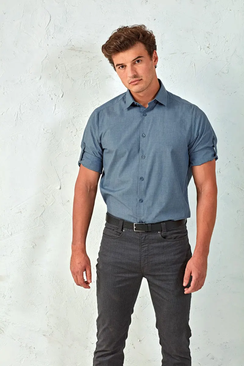 Premier Mens Poplin Cross Dye Roll Sleeve Shirt
