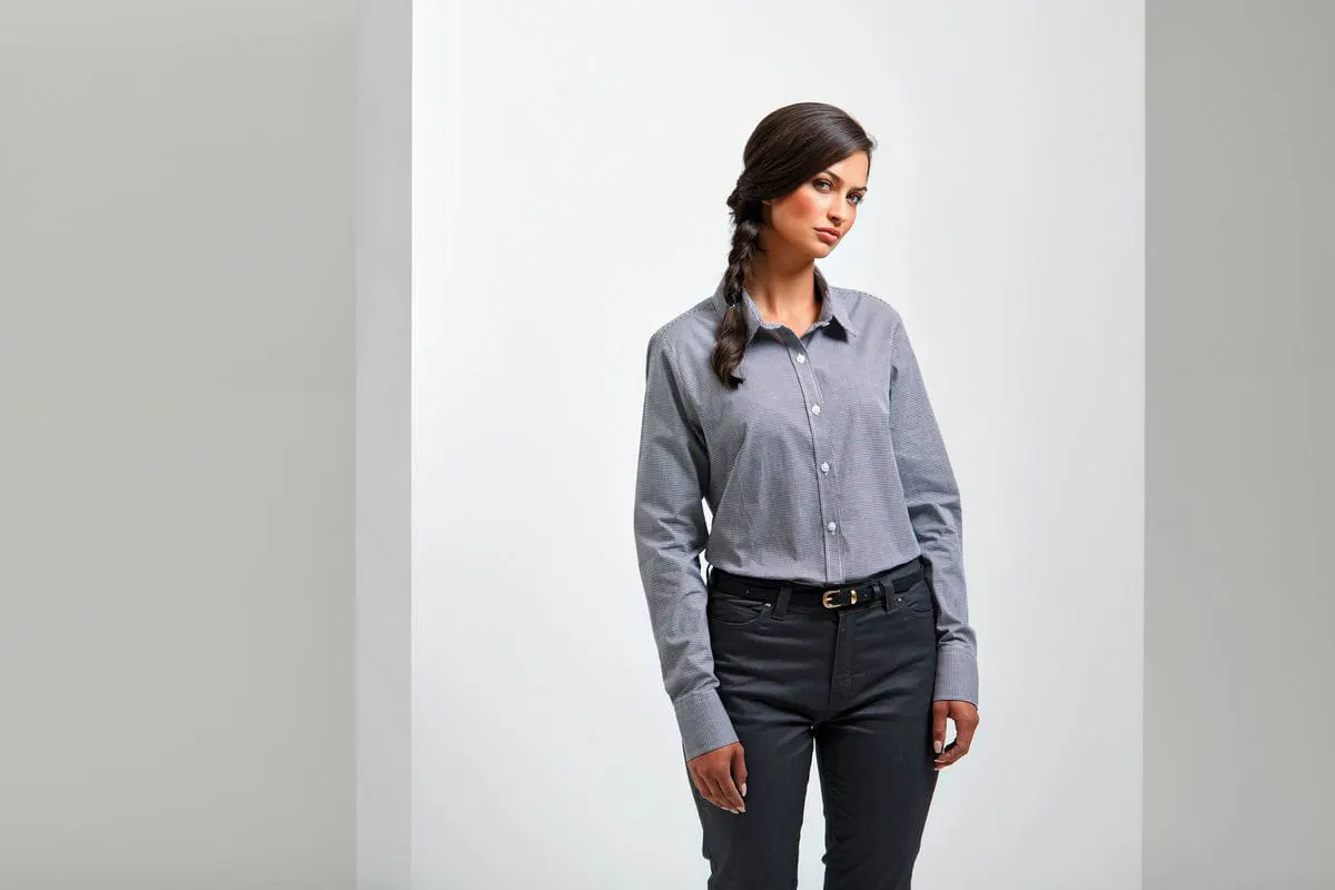 Premier Womens Microcheck Gingham Long Sleeve Cotton Shirt