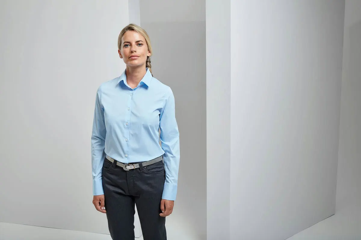 Premier Womens Stretch Fit Cotton Poplin Long Sleeve Blouse