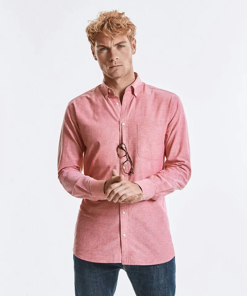 Russell Collection Mens Long Sleeve Tailored Washed Oxford Shirt