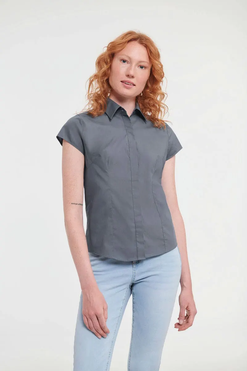 Russell Collection Womens Cap Sleeve Polycotton Easycare Fitted Poplin Shirt