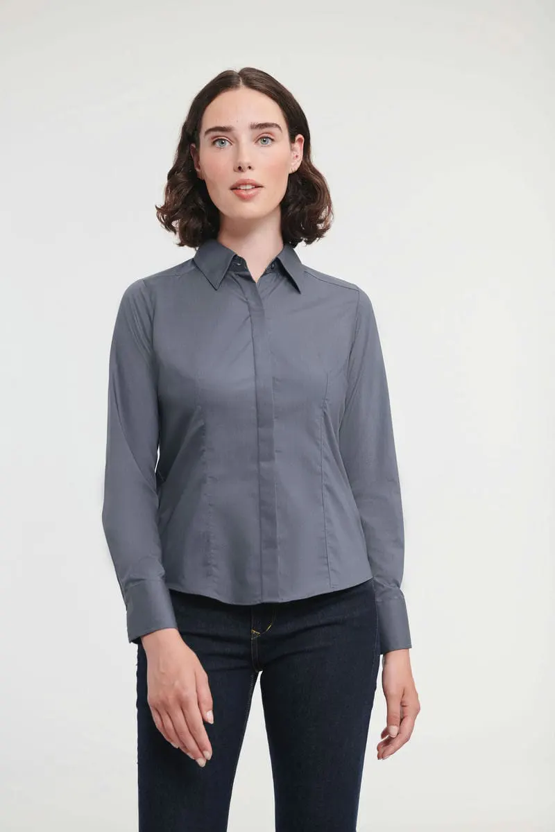 Russell Collection Womens Long Sleeve Polycotton Easycare Fitted Poplin Shirt