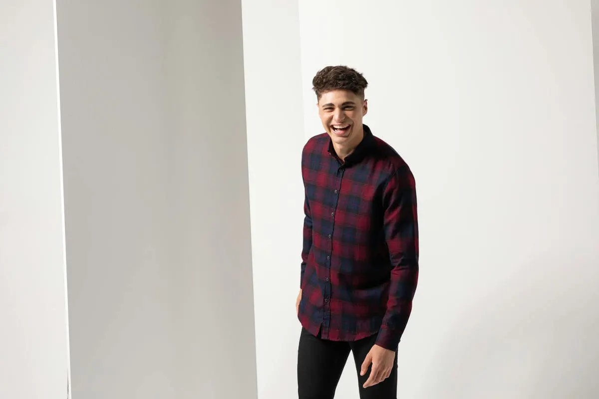 Sf Mens Brushed Check Casual Shirt With Button Down Collar